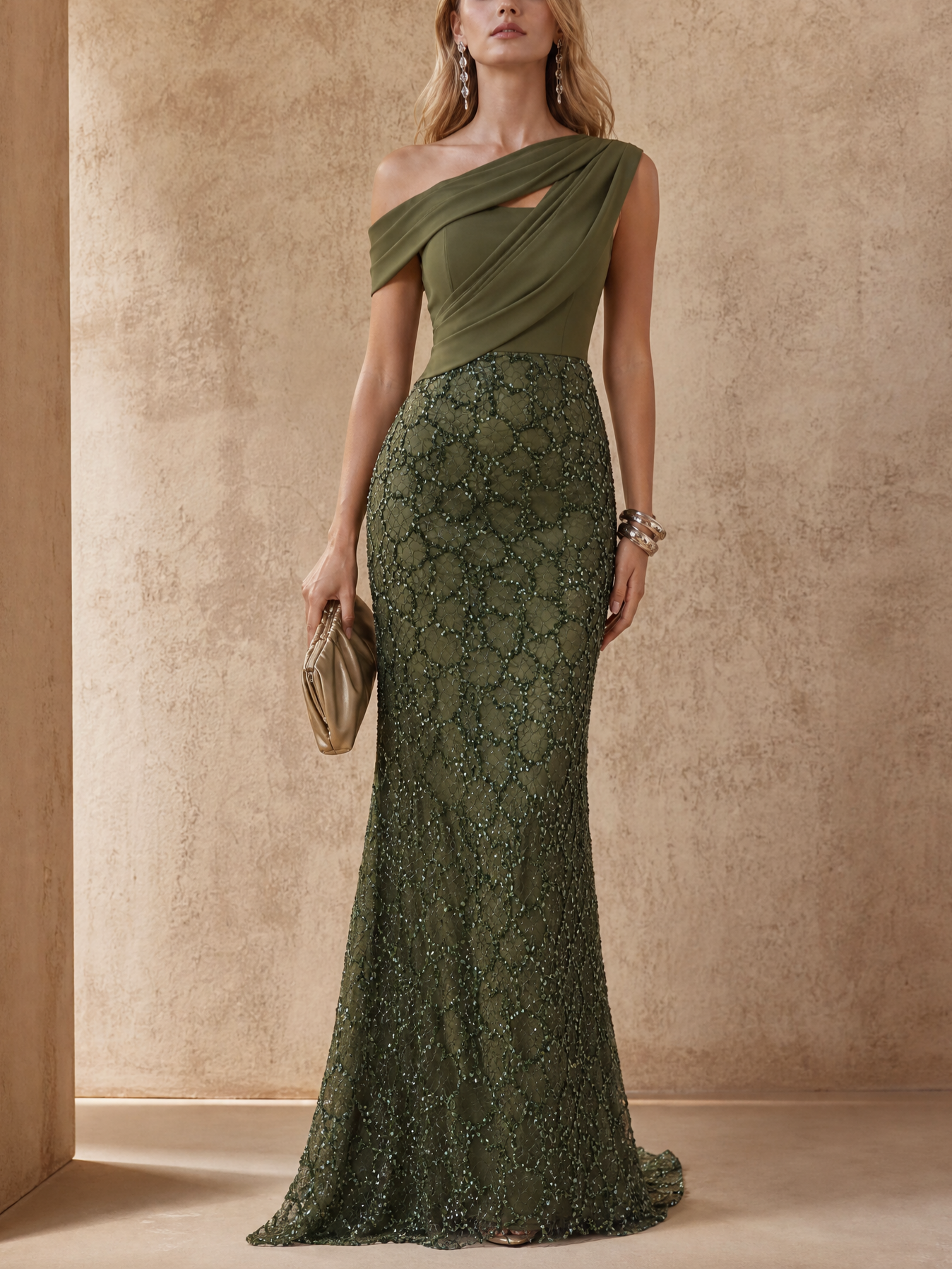 Olive Green Mixed Fabric One‑Shoulder Bead Mermaid Maxi Formal Dress