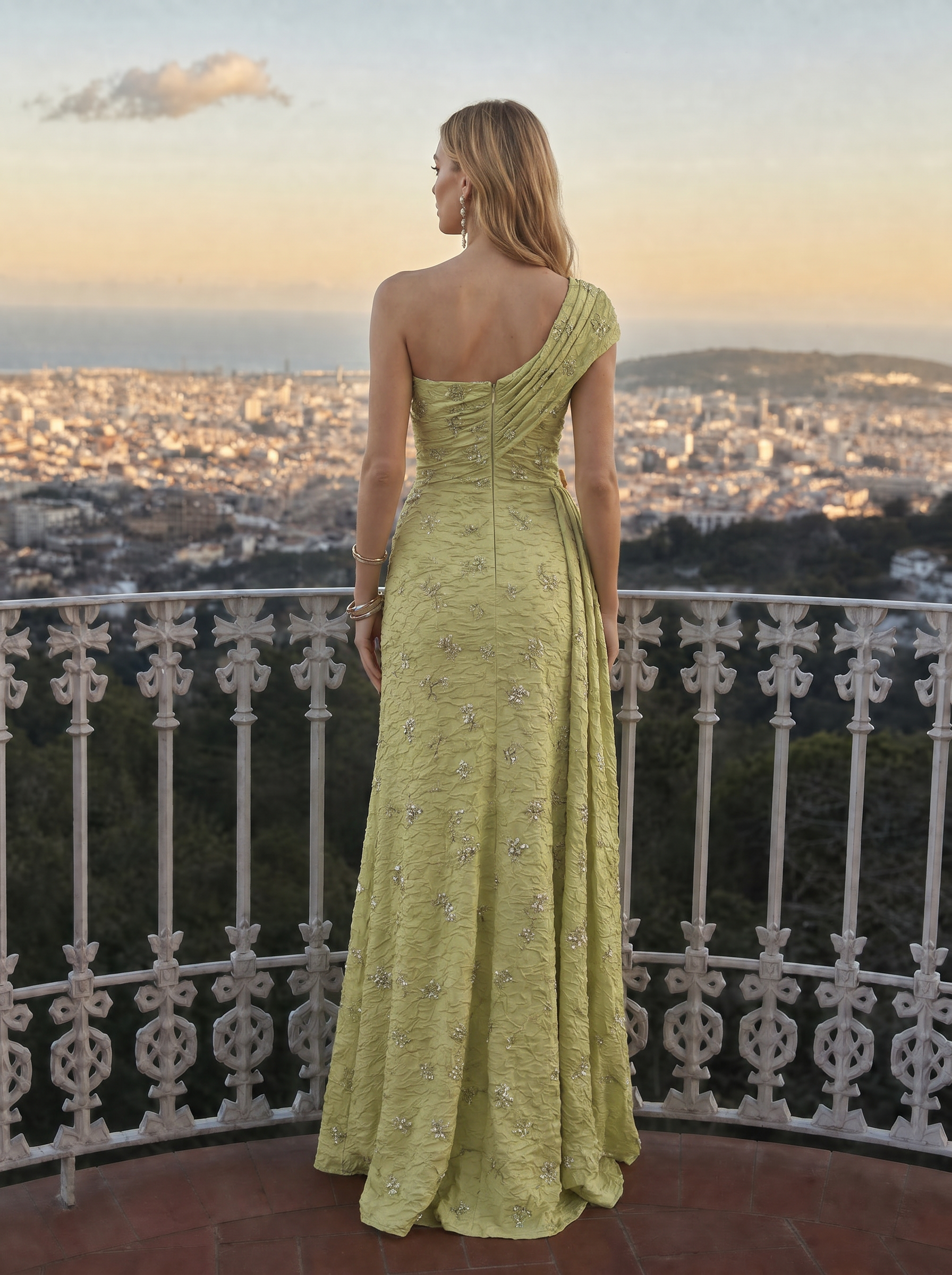 Light Olive Rhinestone One‑Shoulder Ruched High‑Slit Mermaid Maxi Dress