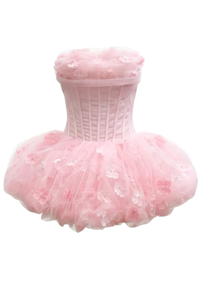 Blush Pink Strapless Corset Tulle Mini Dress with 3D Flowers