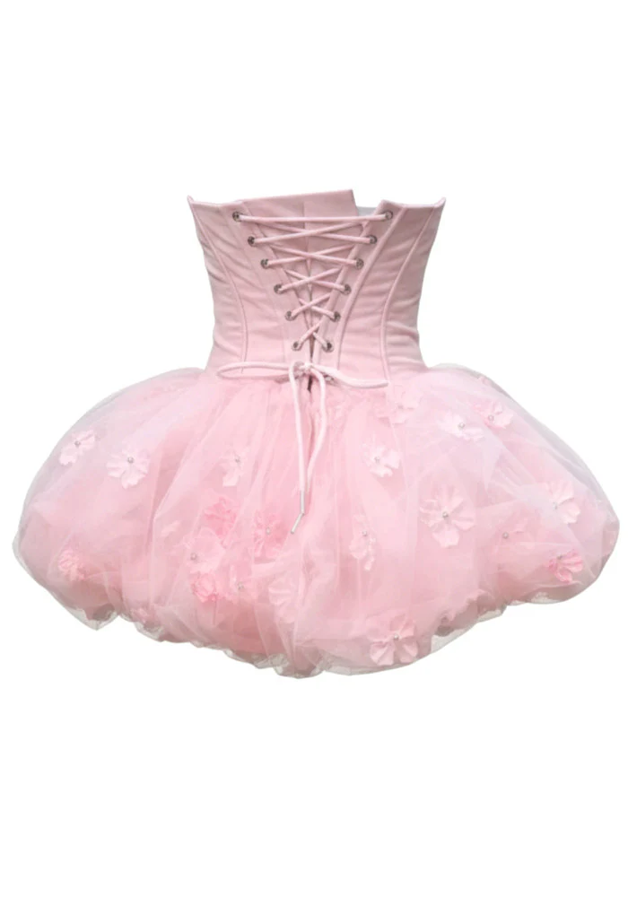 Blush Pink Strapless Corset Tulle Mini Dress with 3D Flowers