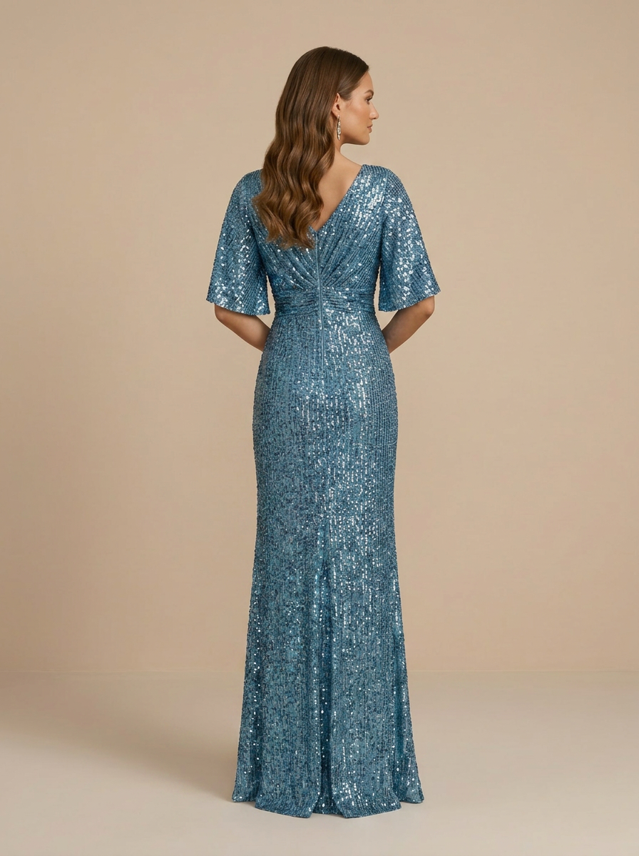 Dusty‑Blue Full‑Sequin V‑Neck High‑Slit Floor‑Length Formal Maxi Dress
