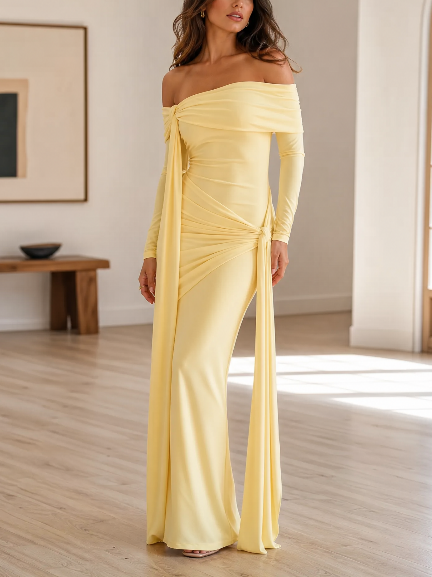 Pale‑Yellow Off‑Shoulder Long‑Sleeve Twist‑Knot Mermaid Maxi Dress