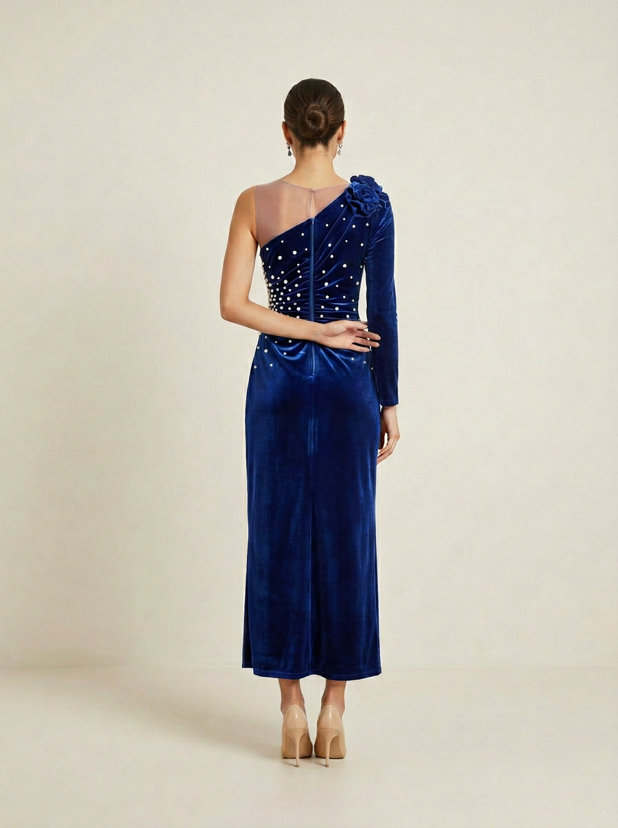 Royal Blue Velvet One‑Shoulder Maxi Dress Pearl Beading Side Slit Formal Gown