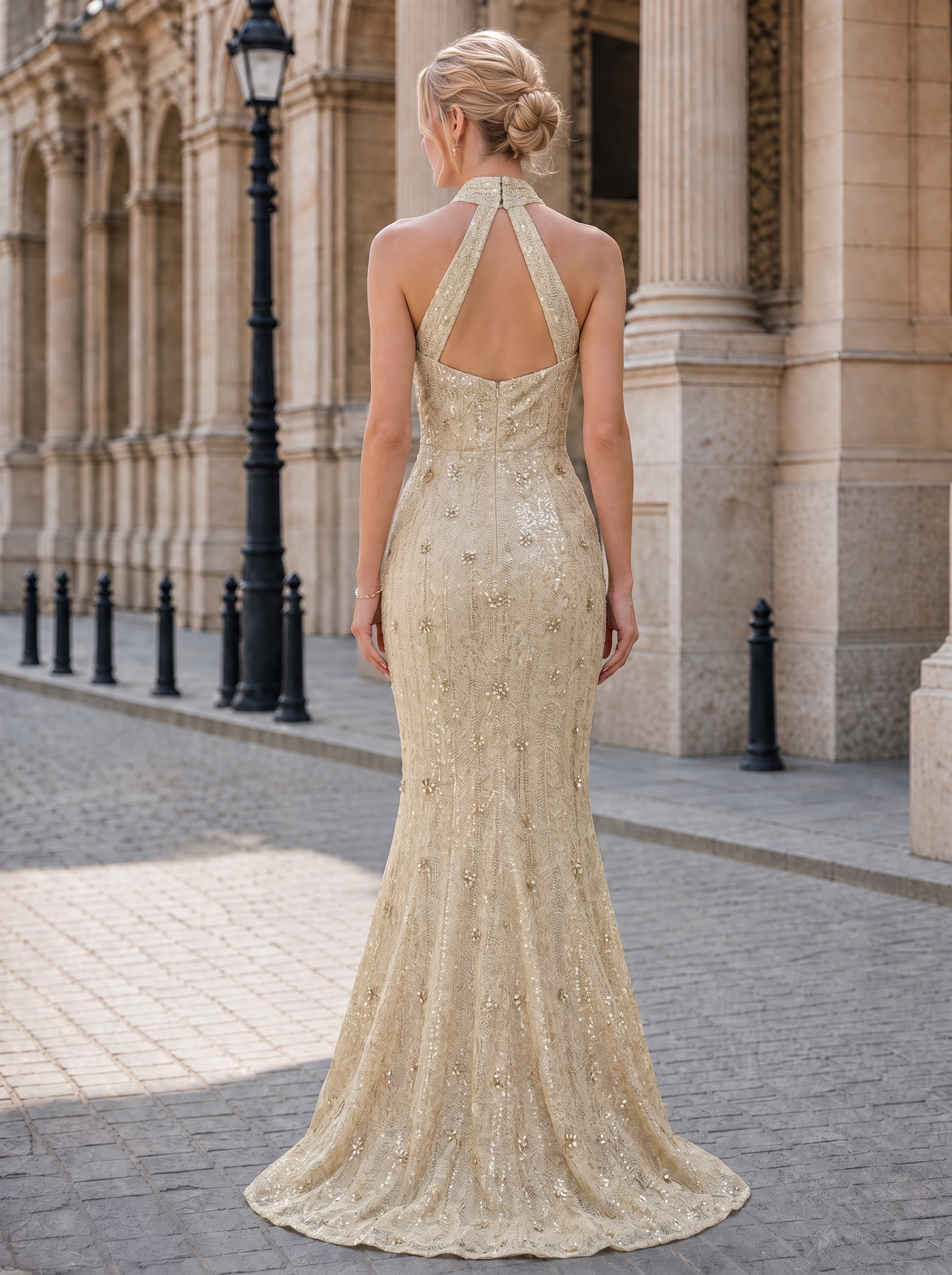Champagne Lace Sequin Halter Mermaid Maxi Formal Dress