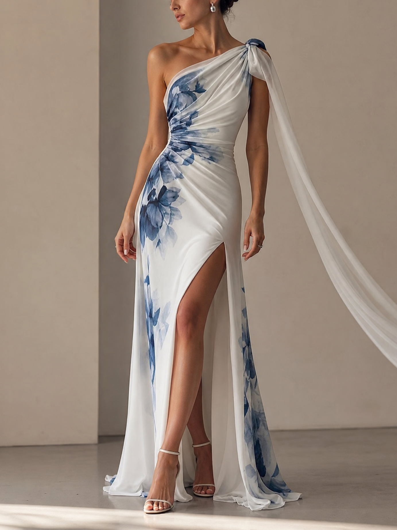 White Blue Floral One‑Shoulder Maxi Dress With Long Shoulder Sash High‑Slit Formal Gown