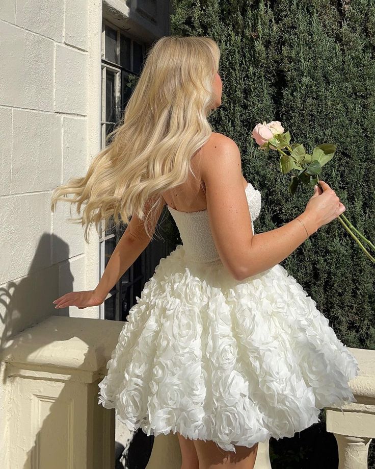 White Petal Bloom Strapless Mini Gown