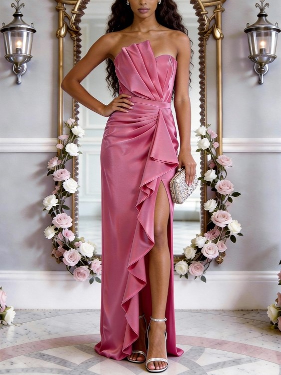 Multi-Colored Strapless Ruffled Satin Maxi Dress
