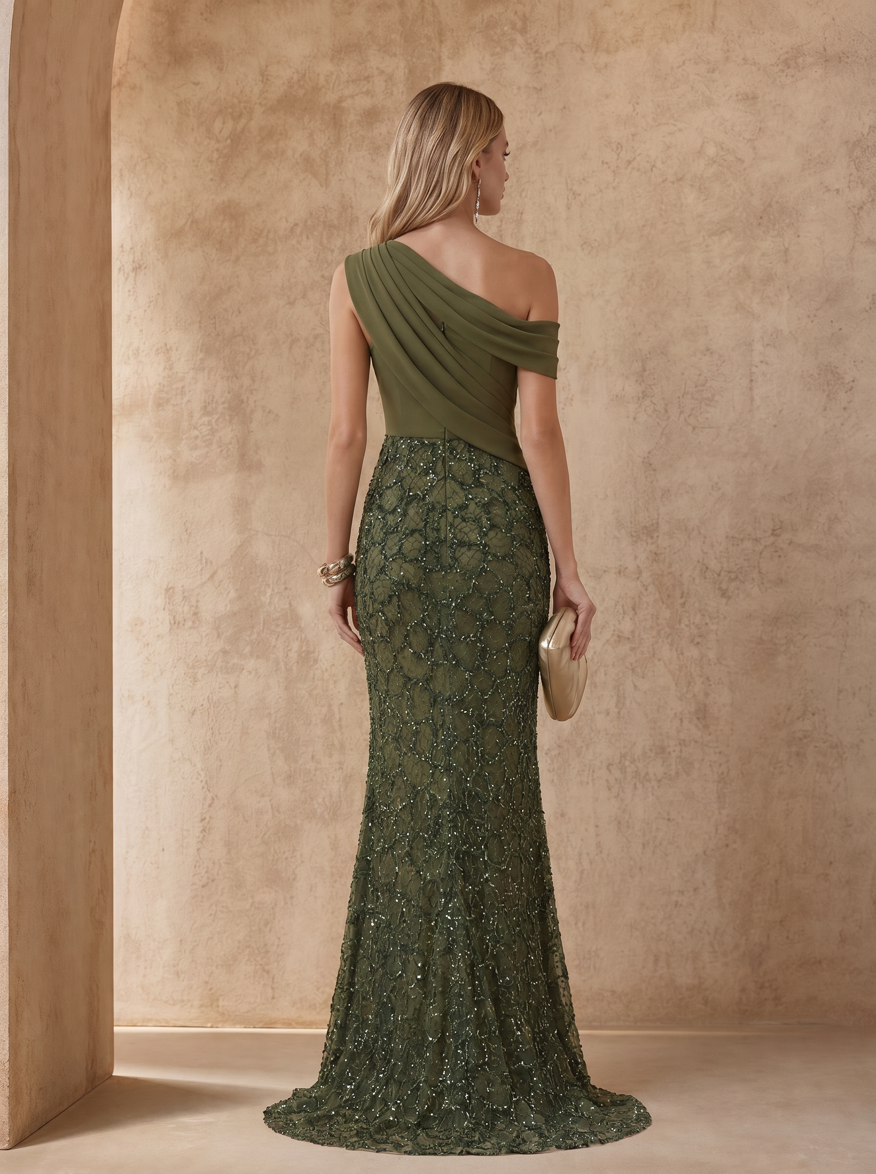 Olive Green Mixed Fabric One‑Shoulder Bead Mermaid Maxi Formal Dress