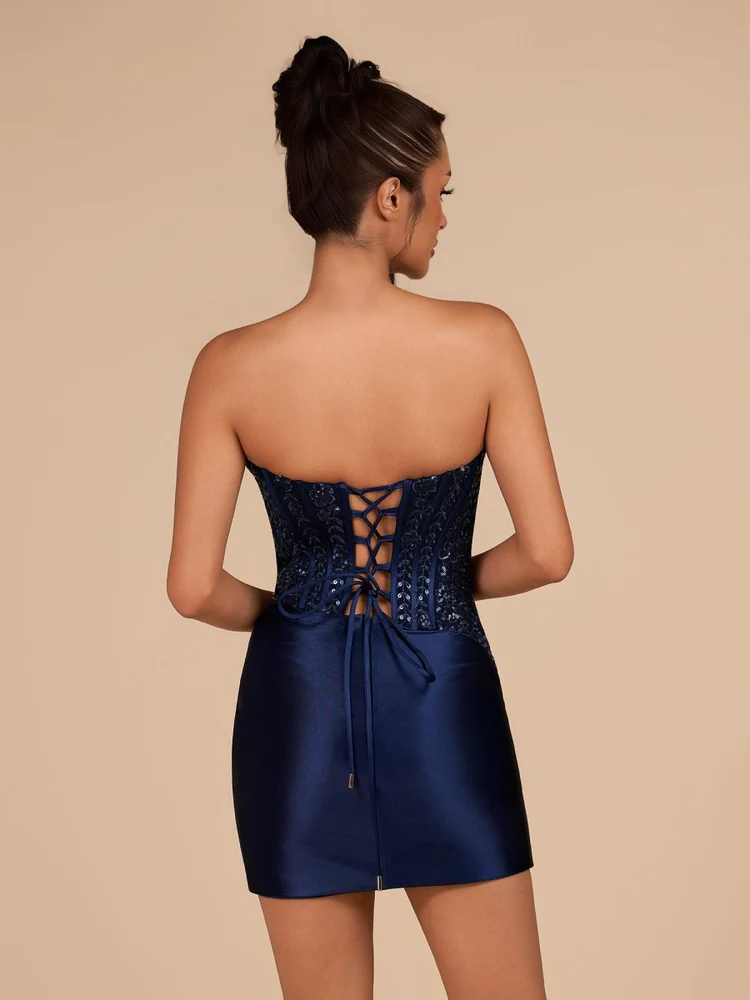 Midnight Navy Strapless Sequin Corset Mini Dress