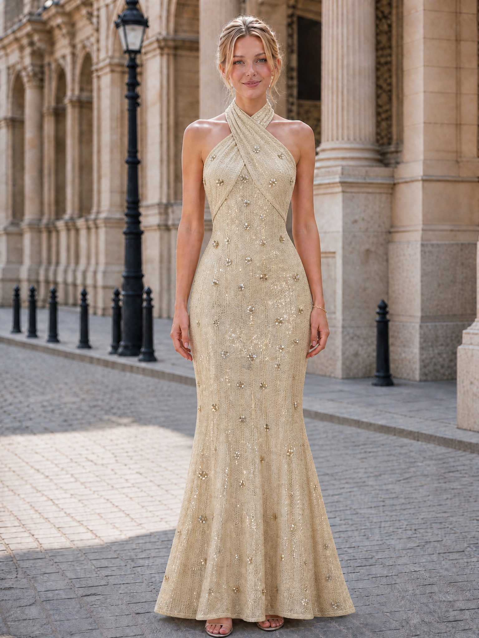 Champagne Lace Sequin Halter Mermaid Maxi Formal Dress