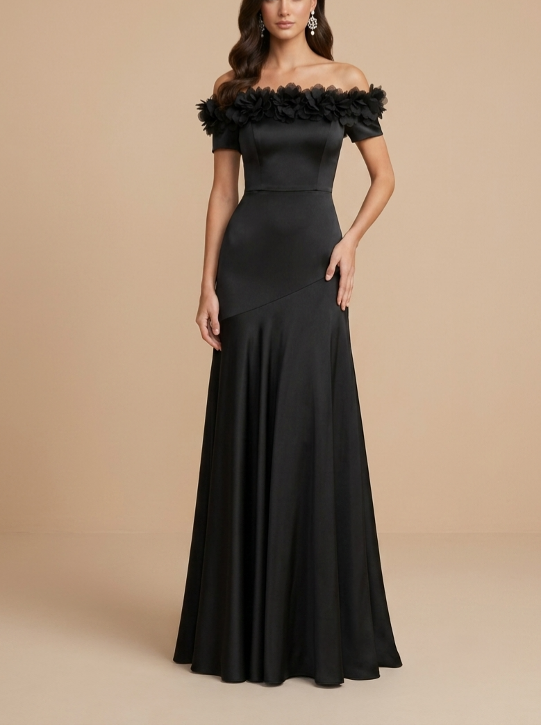Black Satin Off‑Shoulder 3D‑Flower Mermaid Maxi Formal Dress