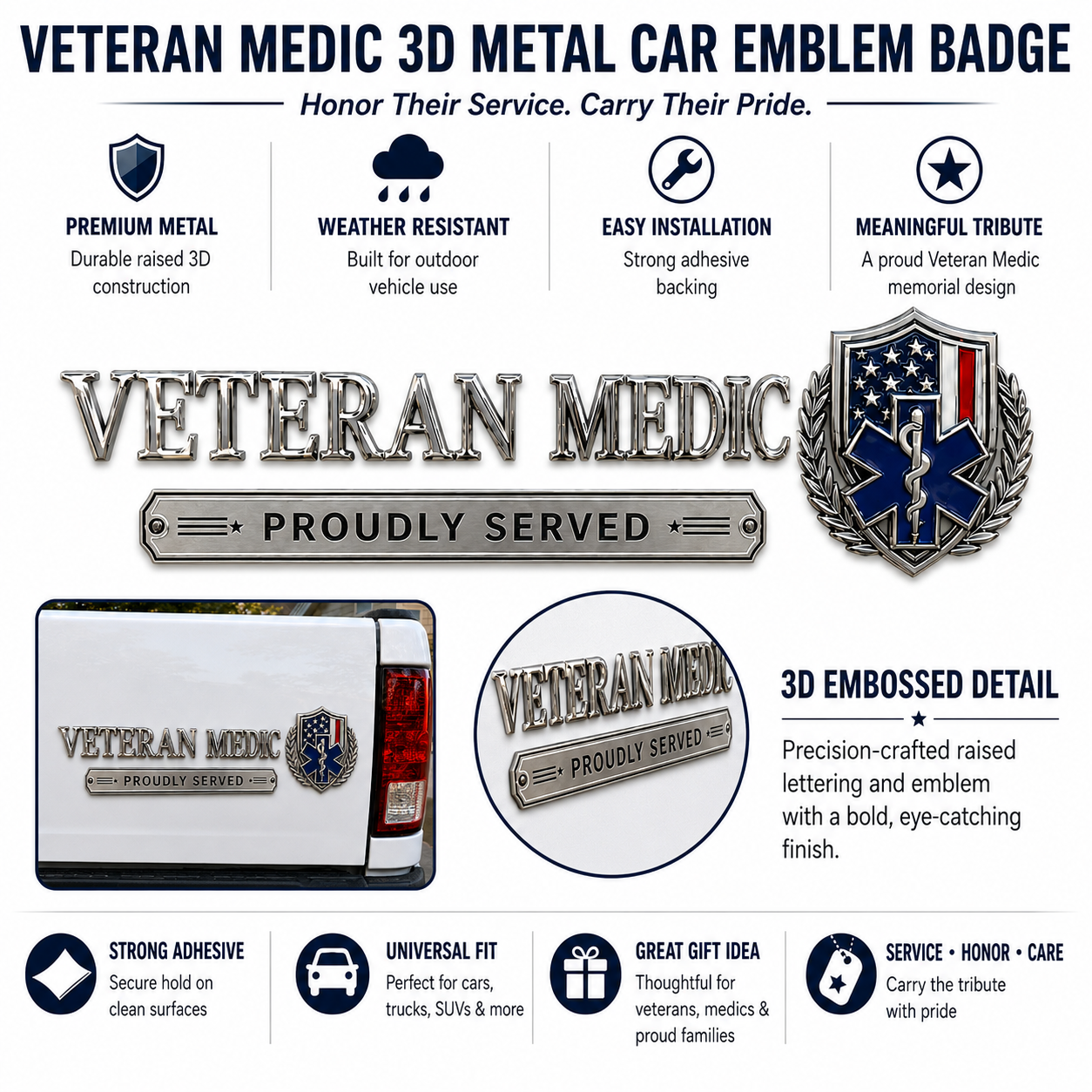 🇺🇸 Veteran Medic Proudly Served Car Emblem Metal Badge