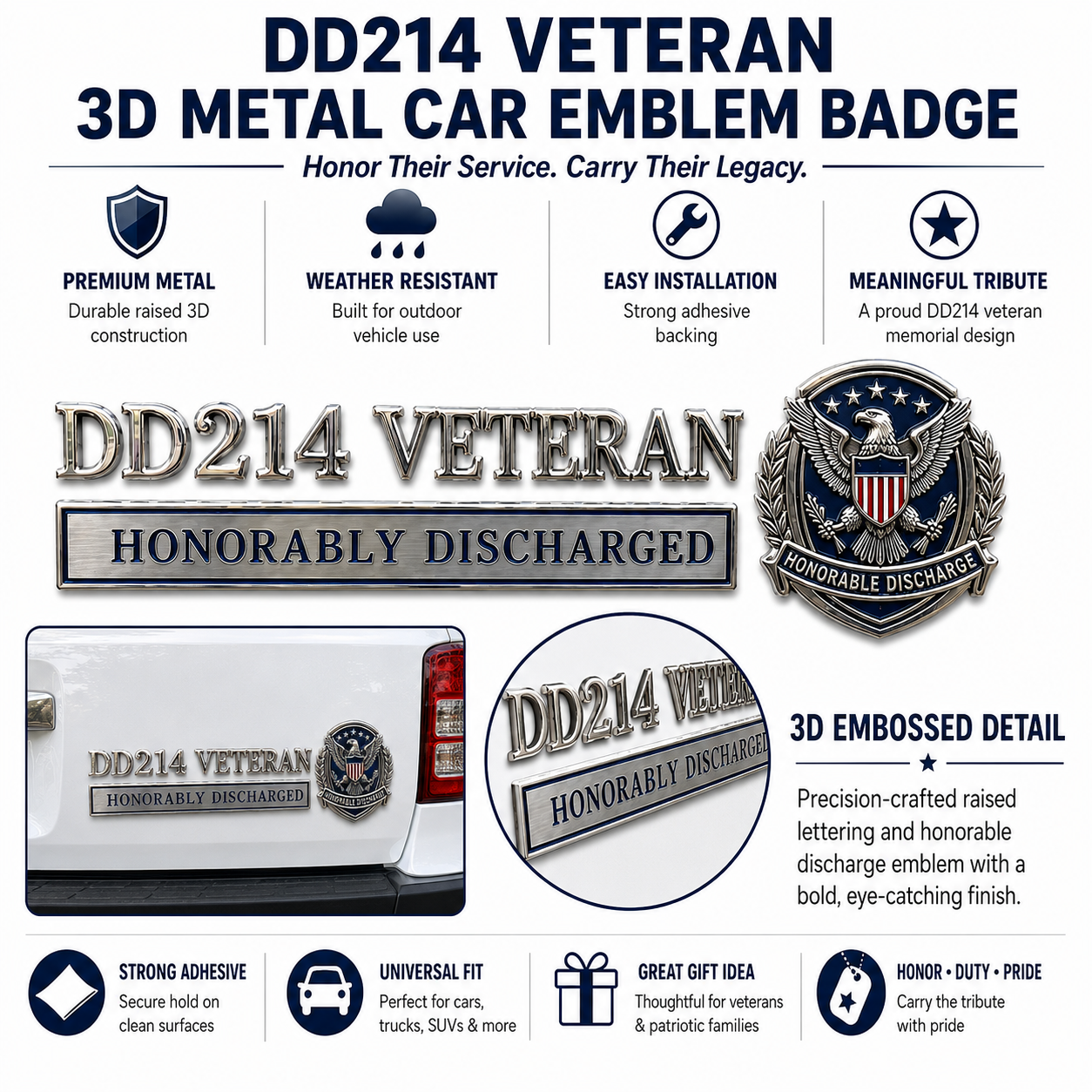🇺🇸 DD214 Veteran Honorable Discharge Metal Car Emblem Badge