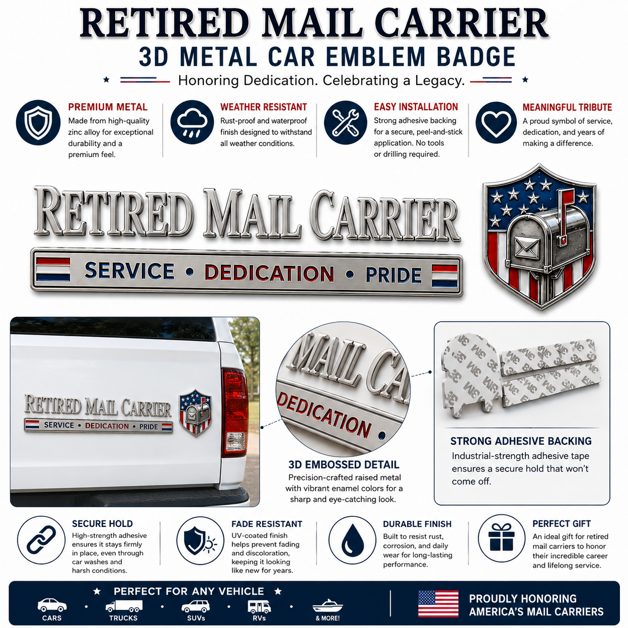Retired Mail Carrier 3D Metal Car Emblem Badge