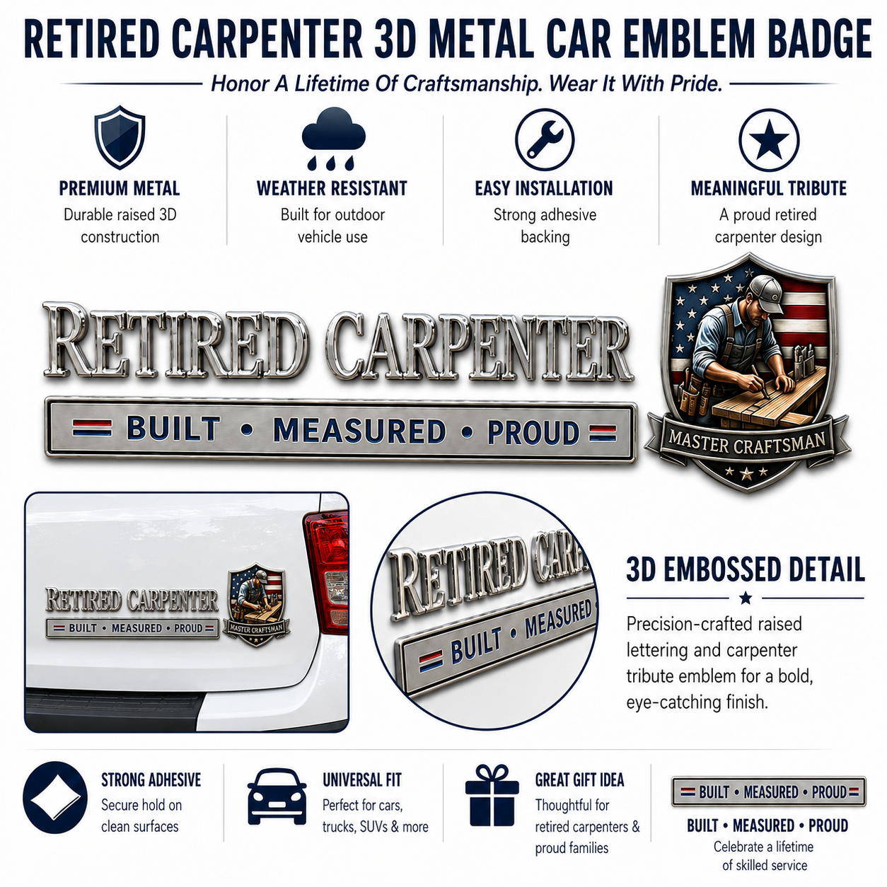 🪓Retired Carpenter Built Measured Proud Metal Car Emblem Badge