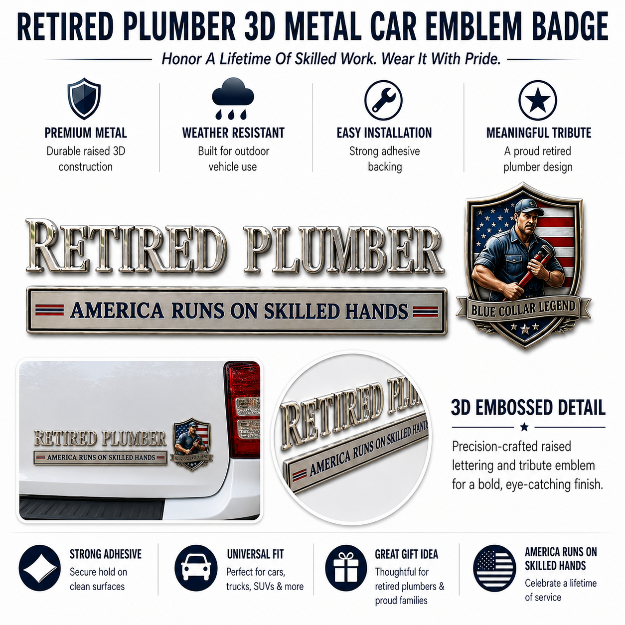 🔧 Retired Plumber America Runs On Skilled Hands Metal Car Emblem Badge