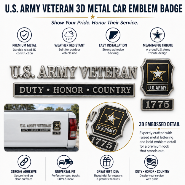 🇺🇸 U.S. Army Veteran Duty Honor Country Car Emblem Metal Badge