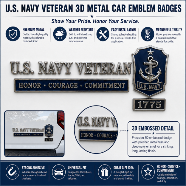 🇺🇸 U.S. Navy Veteran Honor Courage Commitment Car Emblem Metal Badge