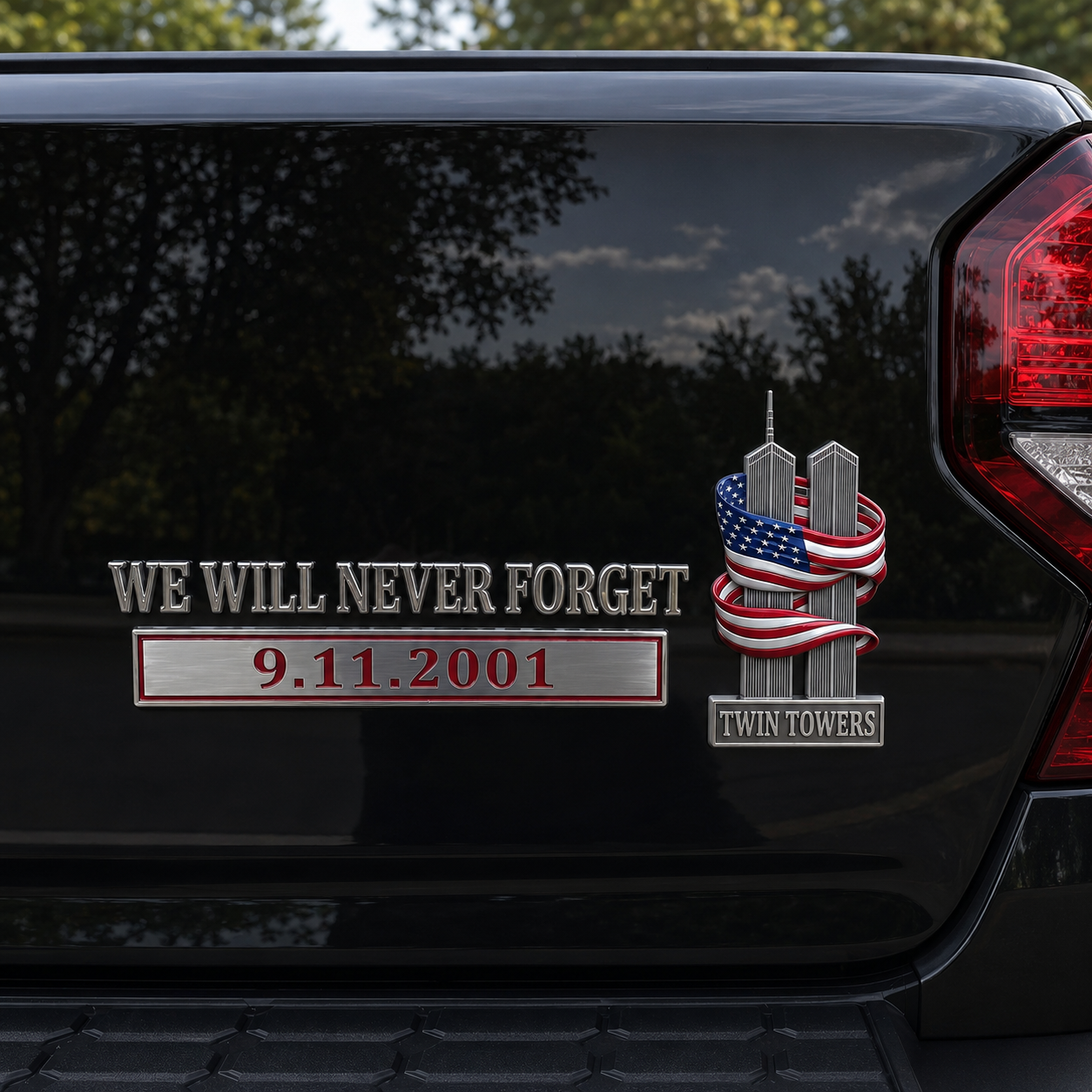 🇺🇸 We Will Never Forget 9.11.2001 Twin Towers Metal Car Emblem Badge