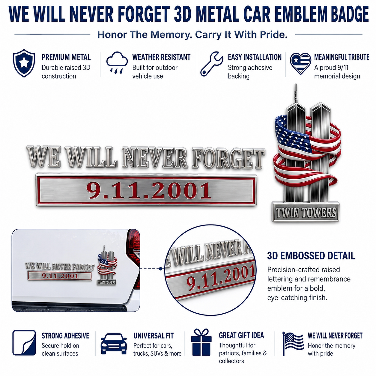 🇺🇸 We Will Never Forget 9.11.2001 Twin Towers Metal Car Emblem Badge