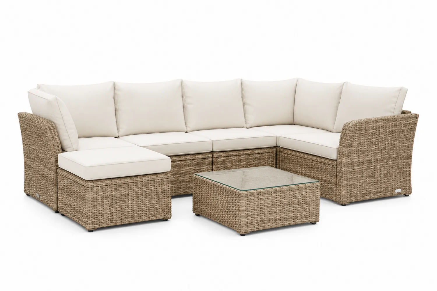 Garten Rattan Ecksofa Set mit Glas-Tischplatte in Beige