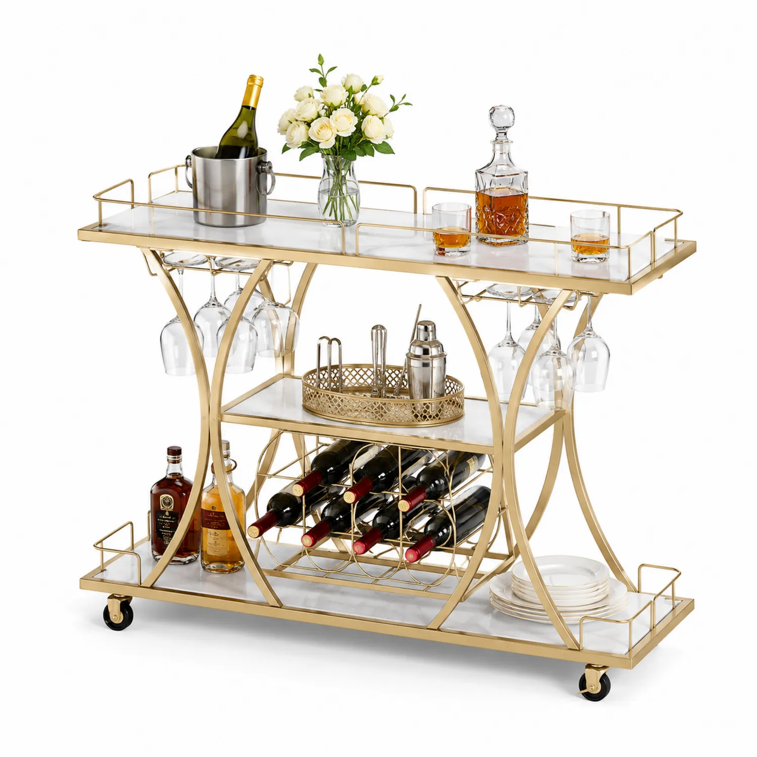Barwagen mit Marmor und goldenem Metallrahmen