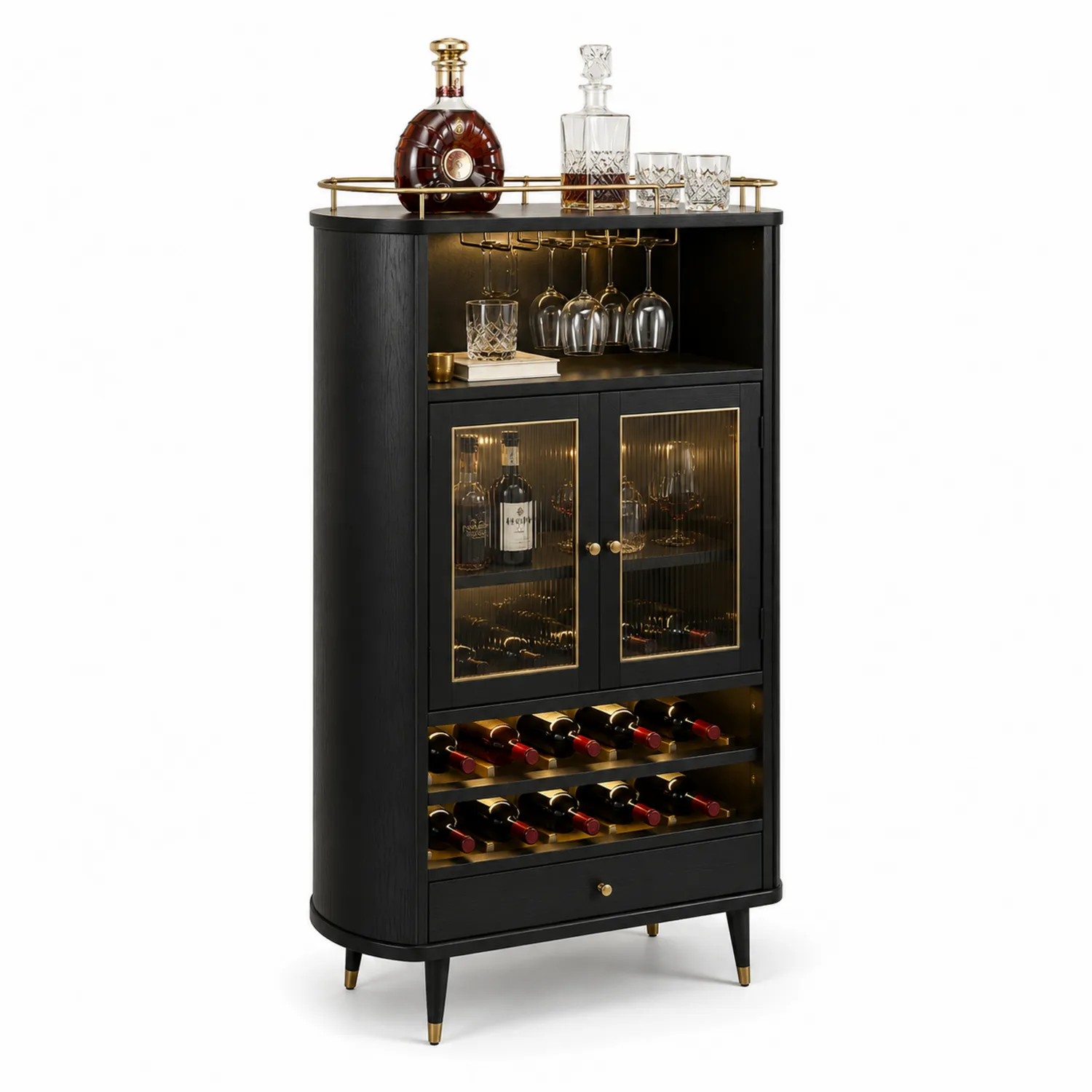Schwarzer Barschrank aus MDF mit gehärtetem Glas und Goldakzenten