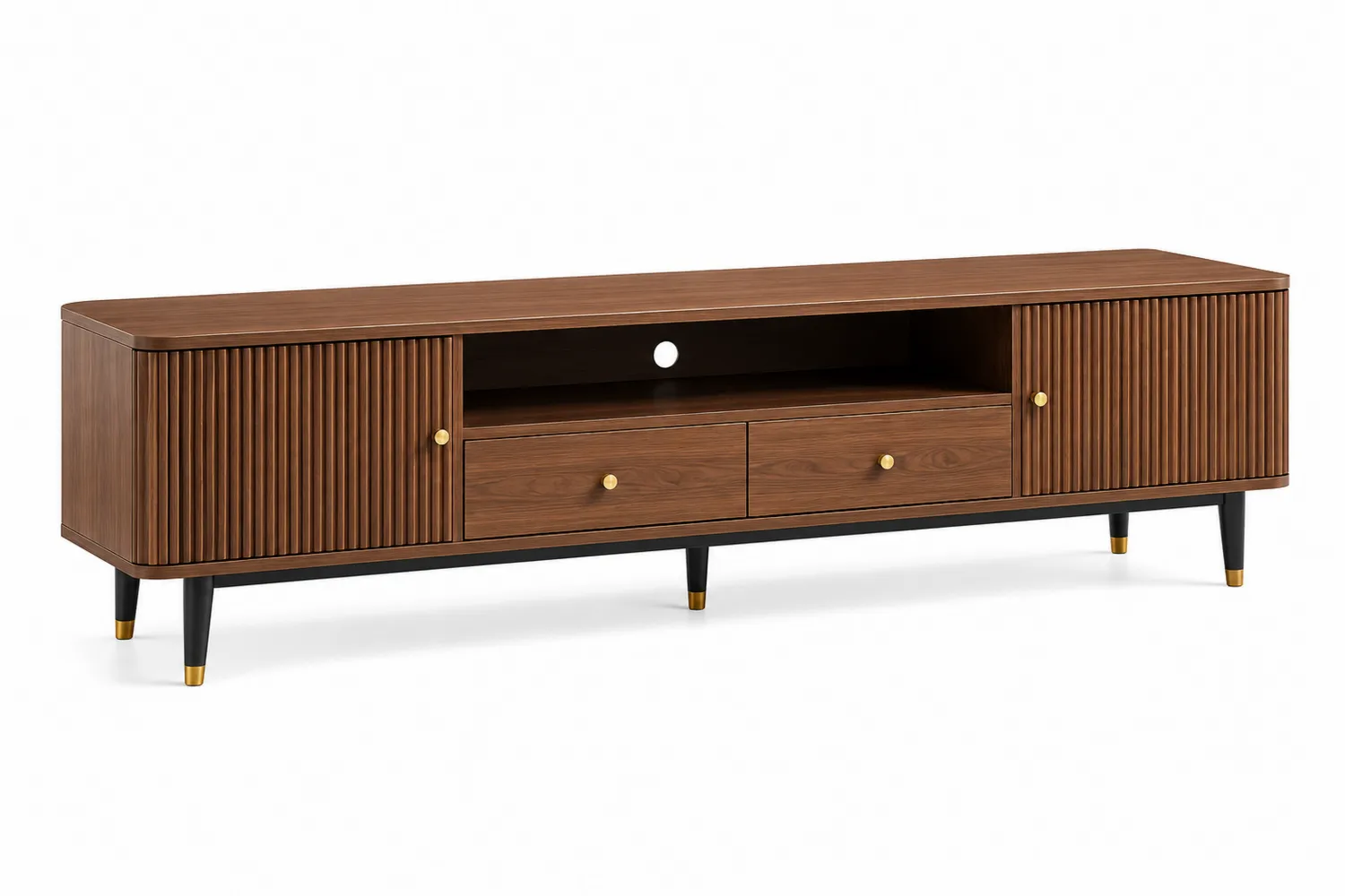 TV-Schrank aus MDF mit Holzfurnier und Metallbeinen, 180x40x50cm, Walnuss