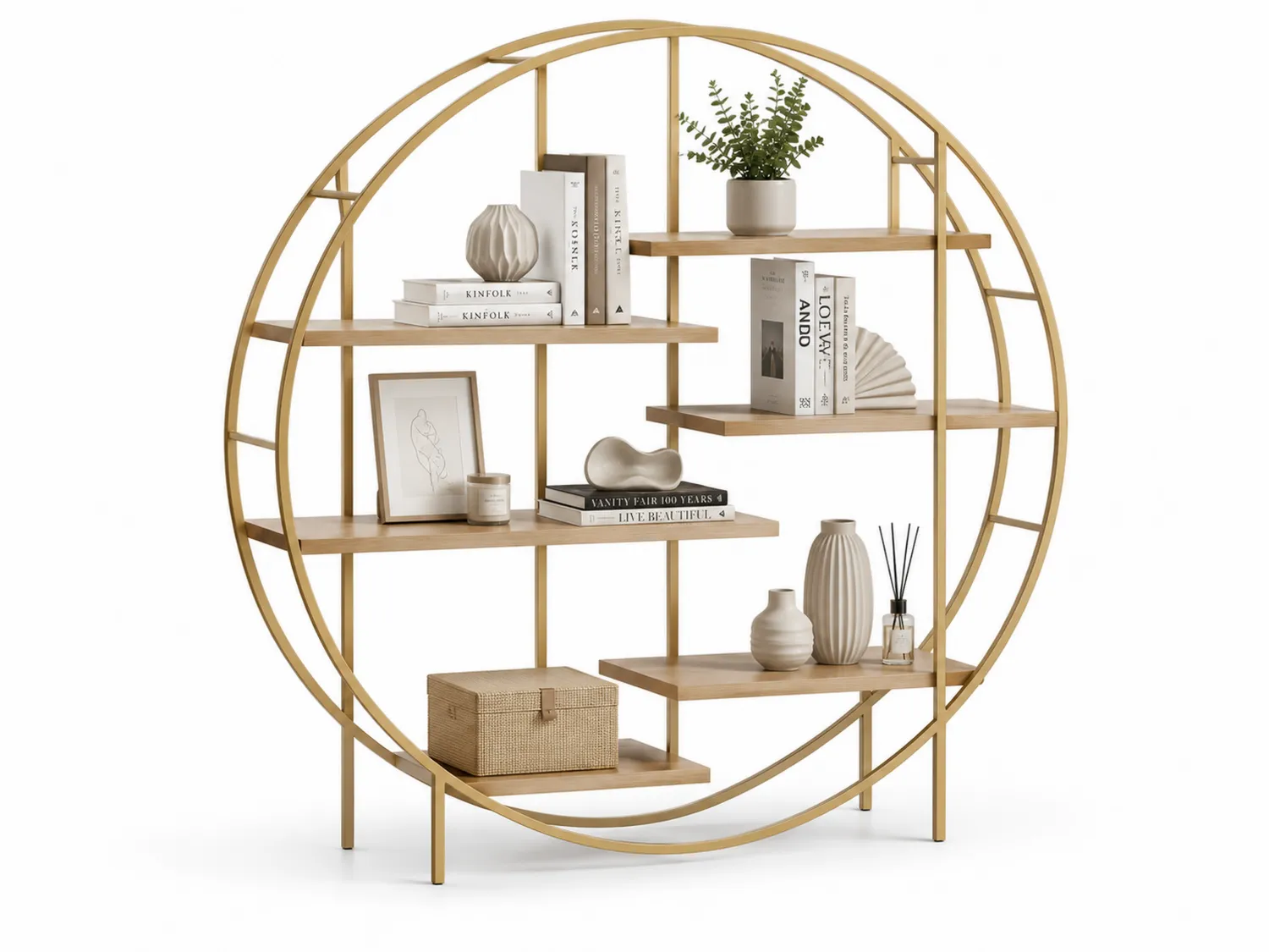Rundes Bücherregal mit Stahlrahmen und Holzregalböden, Durchmesser 120 cm, Höhe 140 cm