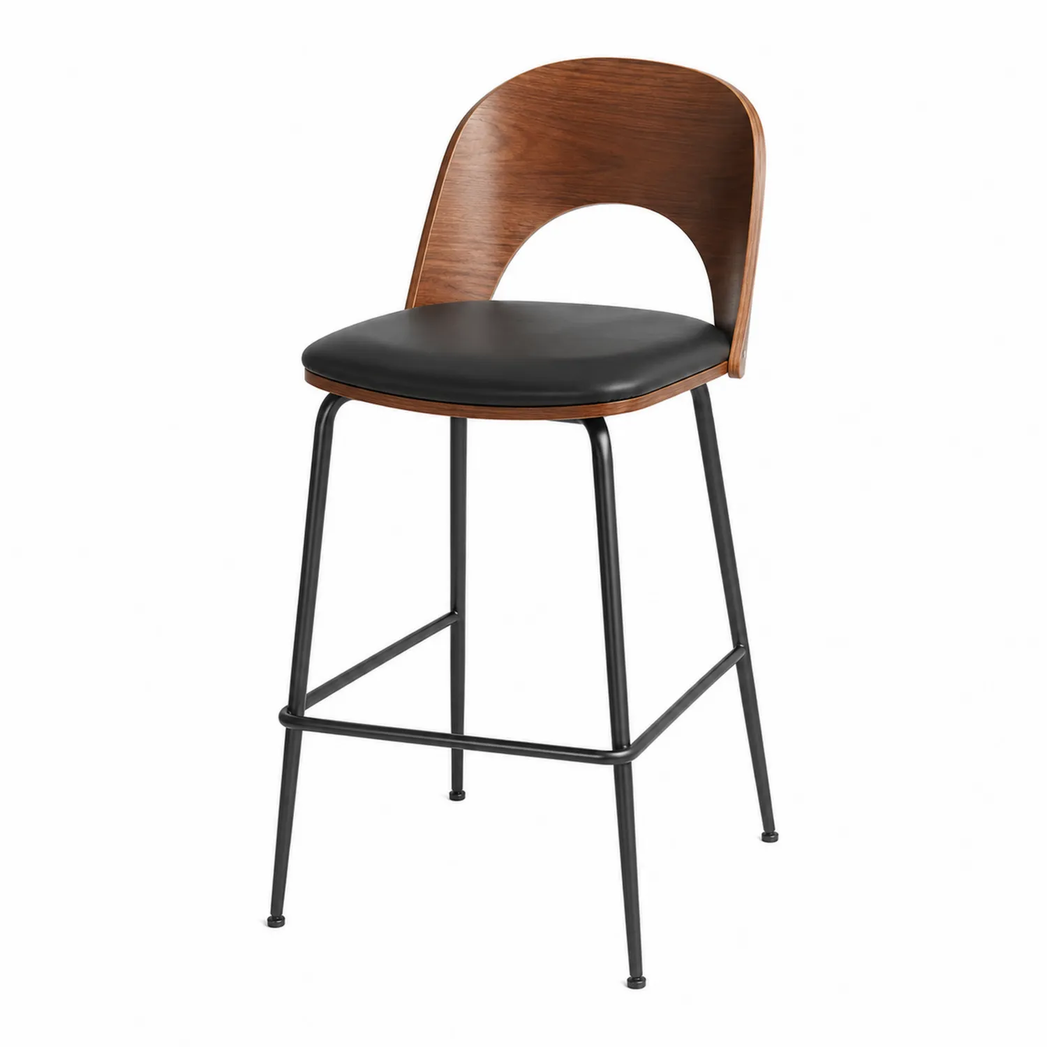Barhocker mit gebogenem Holzrücken und schwarzem Kunstledersitz, 105 cm Höhe