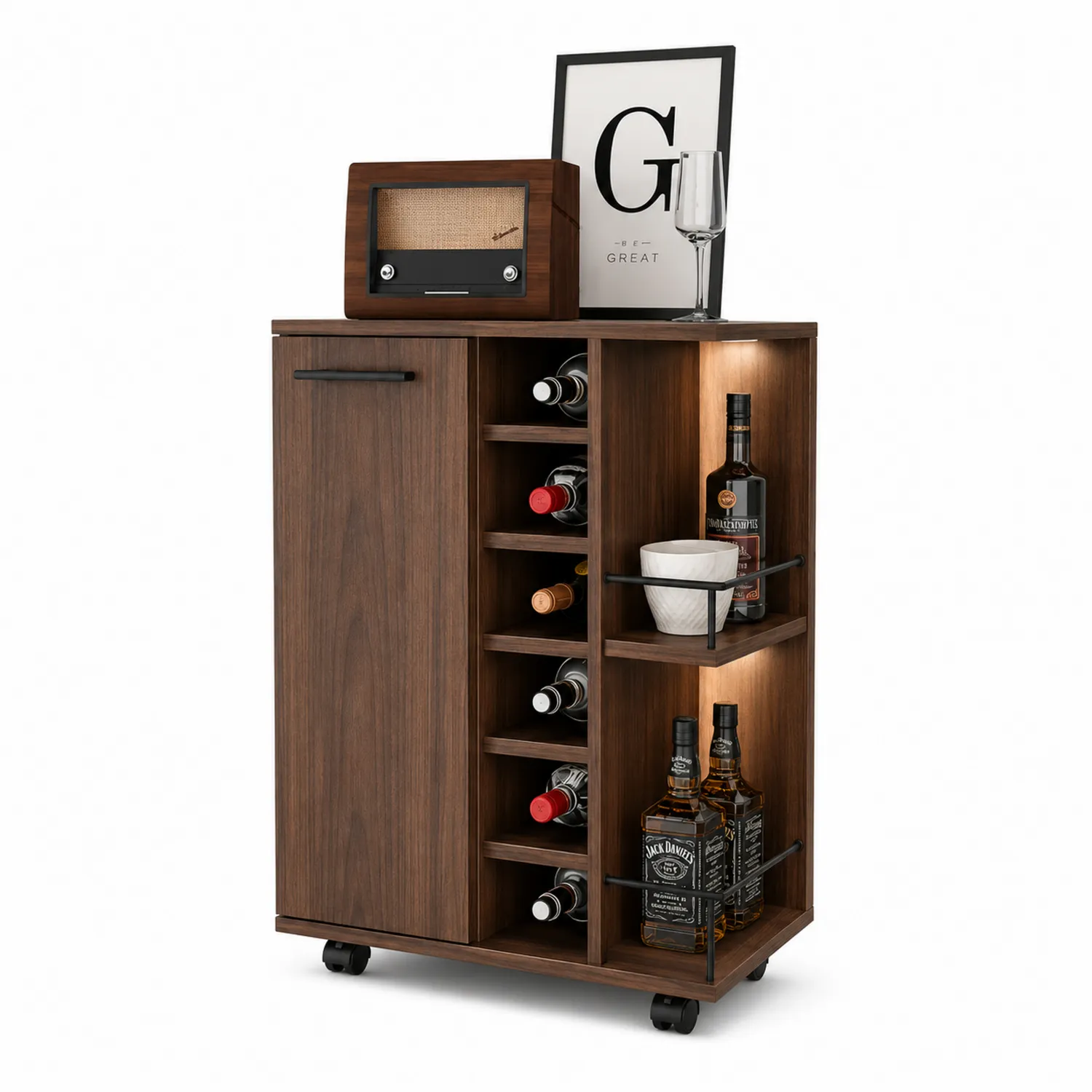 Holz Barwagen mit Rollen und Weinregal