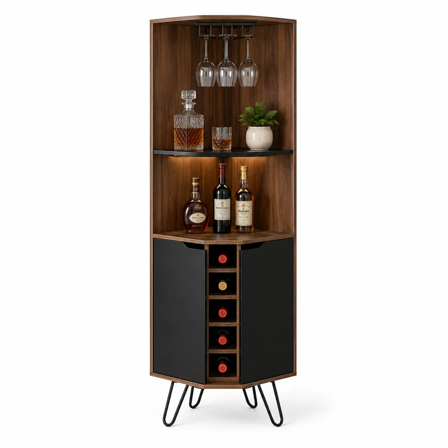 Eck-Weinschrank aus Holz und Metall 180cm Walnuss/Schwarz