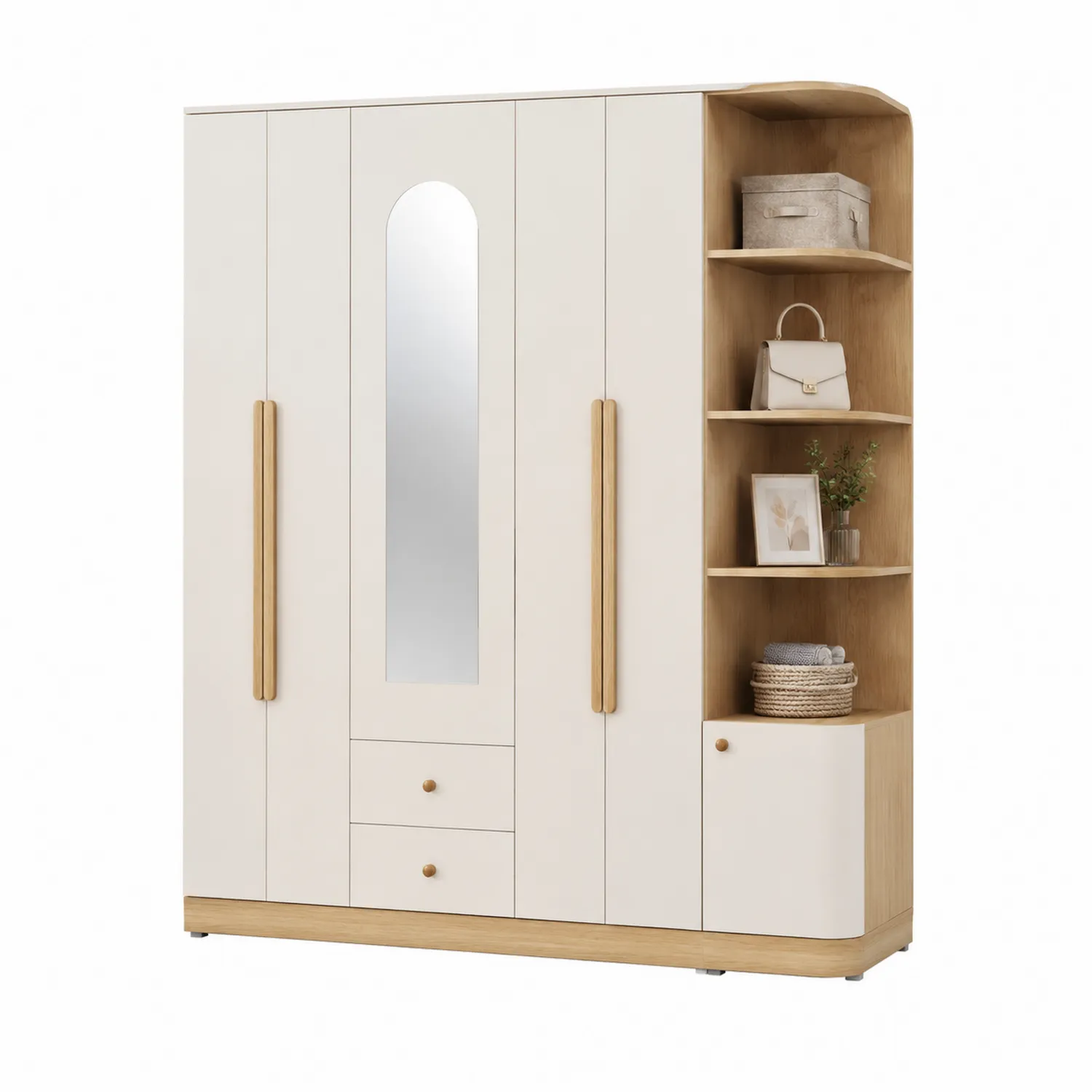 Kleiderschrank mit Spiegel und Regalen aus Holz in Weiß und Holzoptik 200x180x55cm