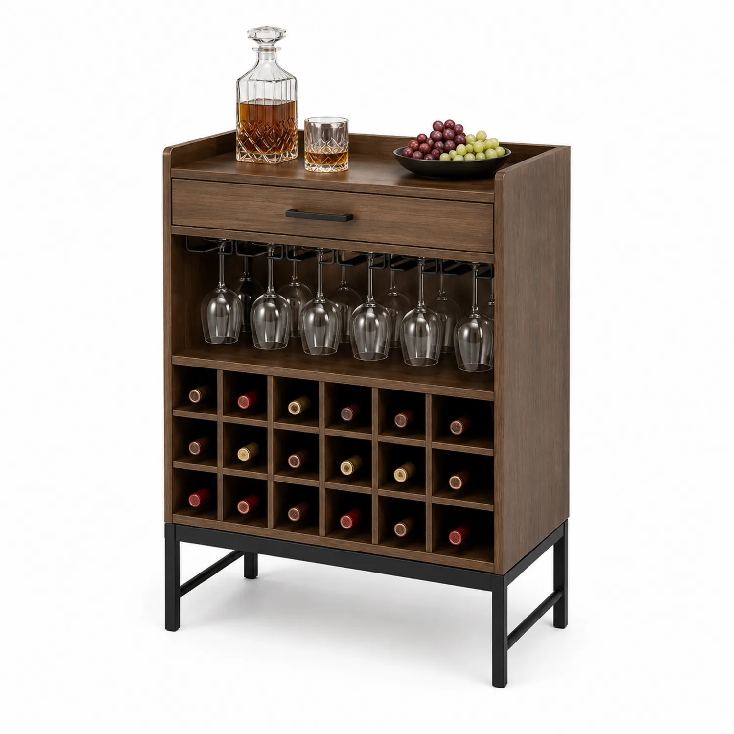 Weinschrank aus Holz mit Glashalterung und Flaschenregal