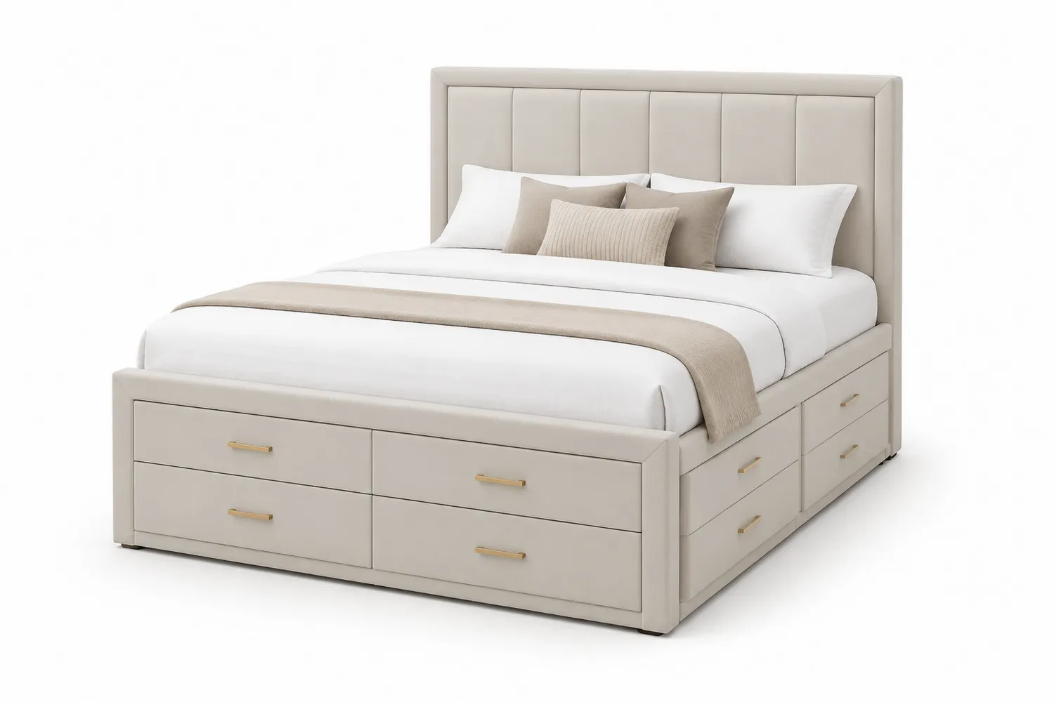 Beige Stauraumbett mit vier Schubladen