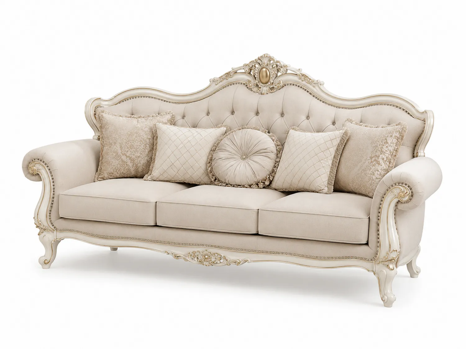 3-Sitzer Sofa Beige Barockstil Holzrahmen Baumwolle Leinen