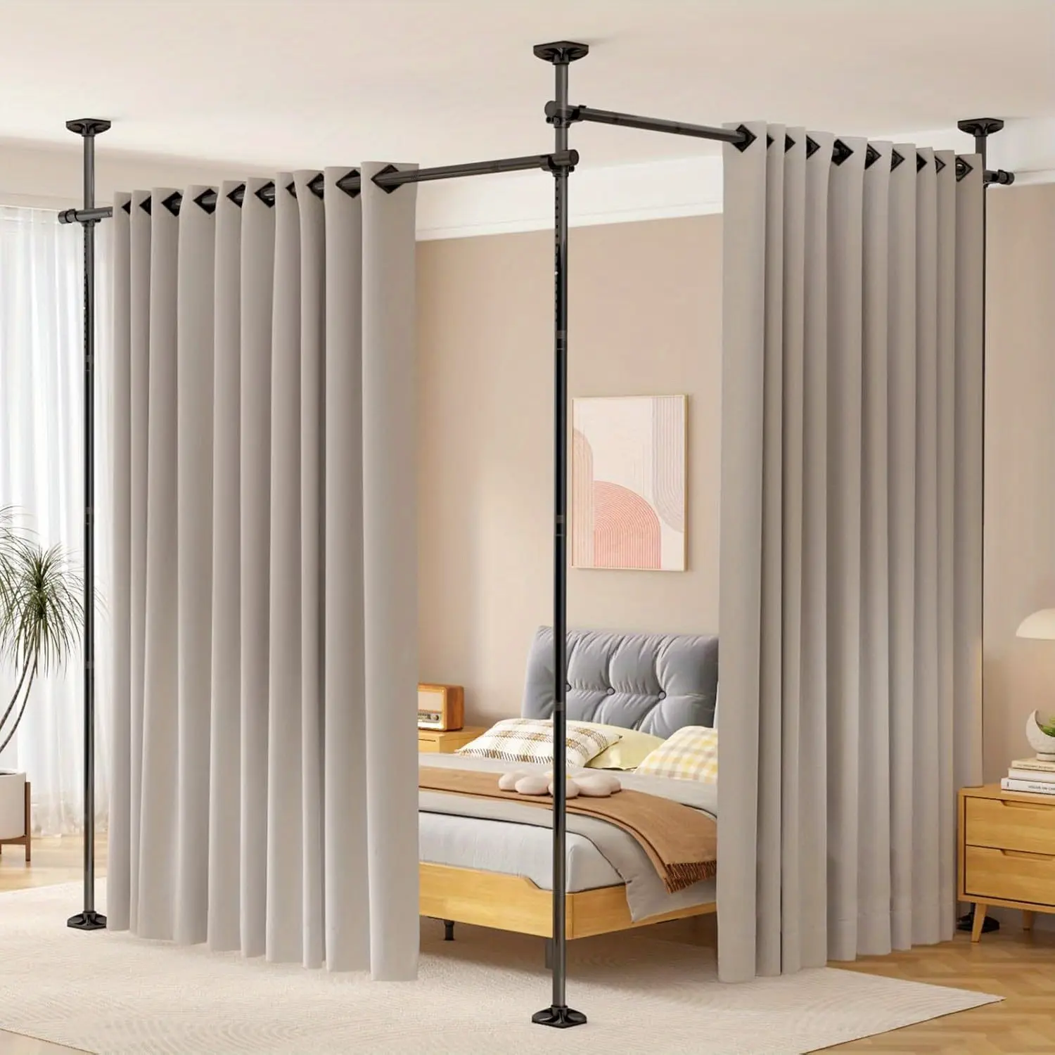 Barra ajustable para cortina divisoria de ambientes — Estructura de tensión para separar dormitorios (sin taladros) — Divisor de espacios independiente para separar habitaciones — Altura: 4 a 10 pies (1,2 a 3 m) — Ancho: 28 a 114 pulgadas (71 a 290 cm)