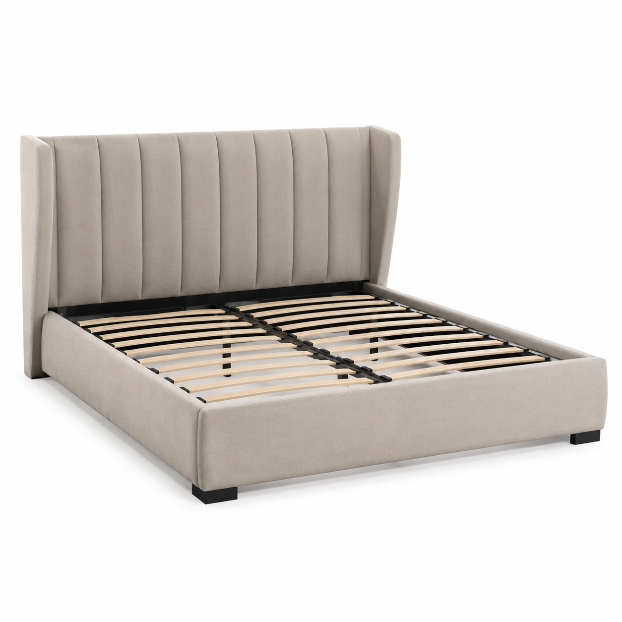 Cama Tapizada Con Cabecero Curvo Beige Claro