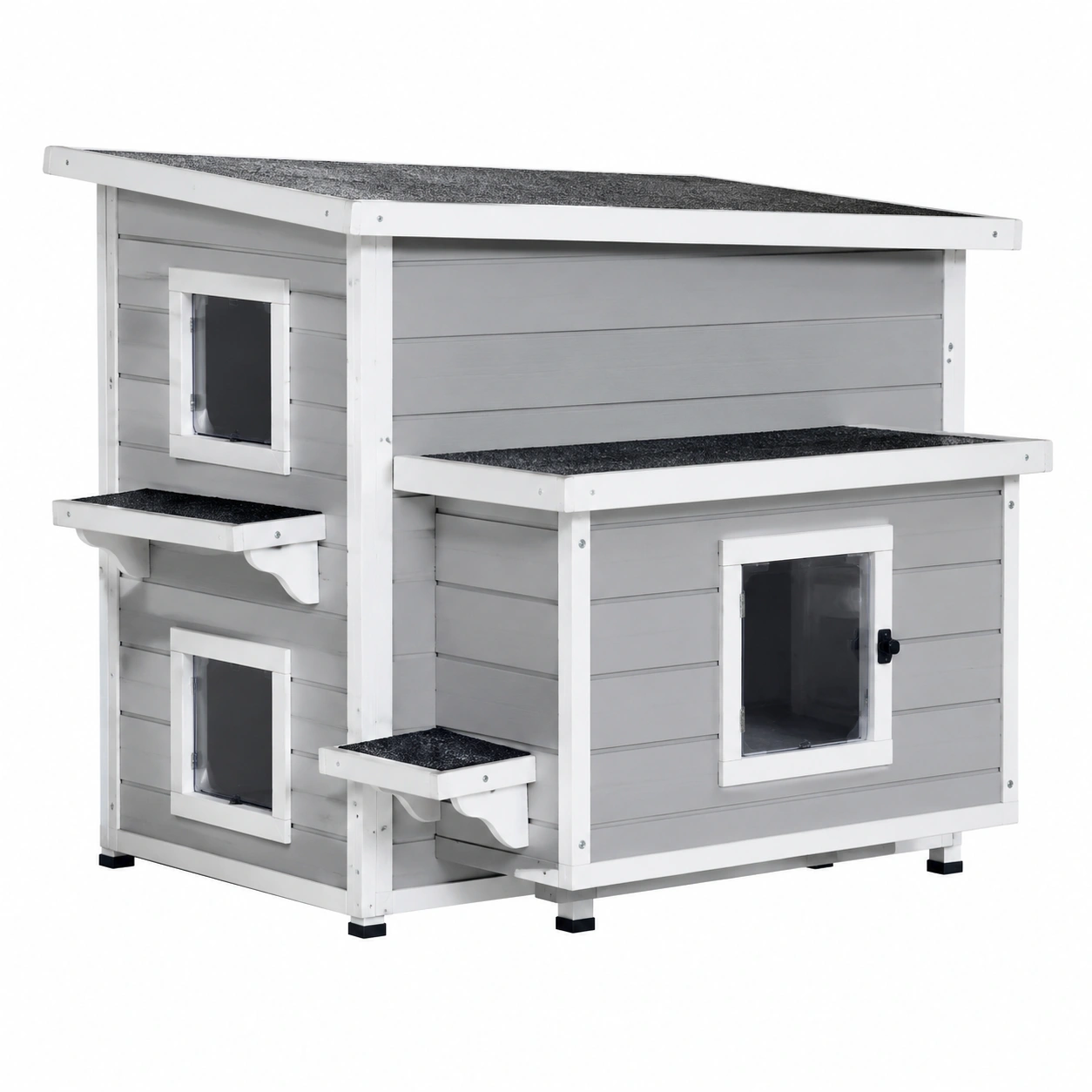 Casa De Madera Para Gatos De Dos Niveles Gris