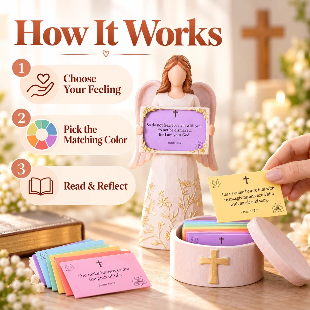 Three step guide for using color-coded Bible verse cards
