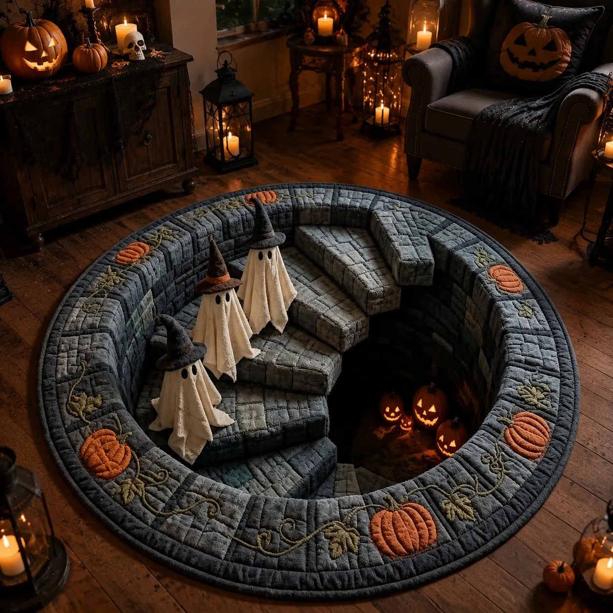 3D Haunted Stairway Round Halloween Rug details