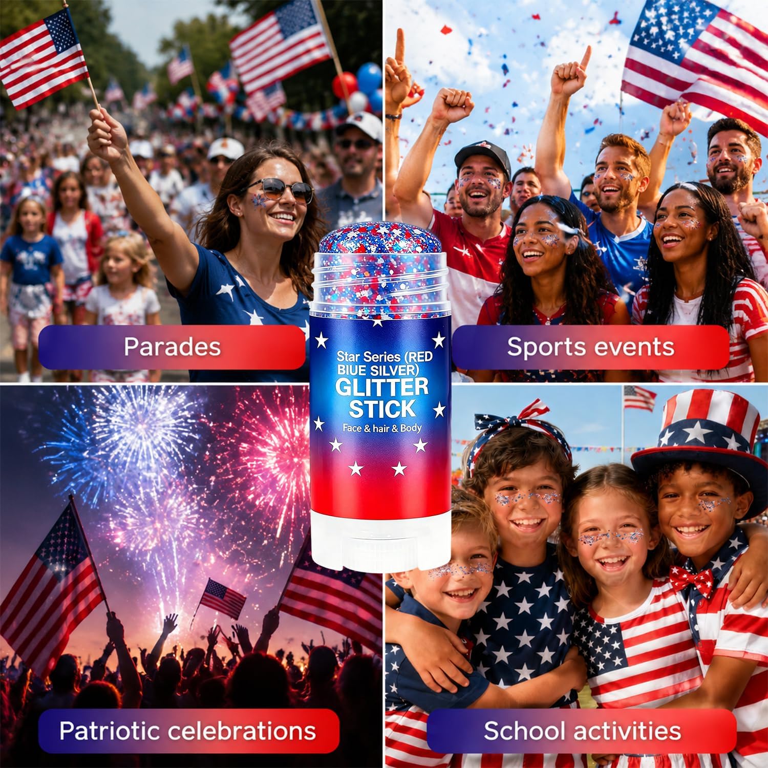 Patriotic Body Glitter Stick, Red White and Blue Hair Glitter Stick