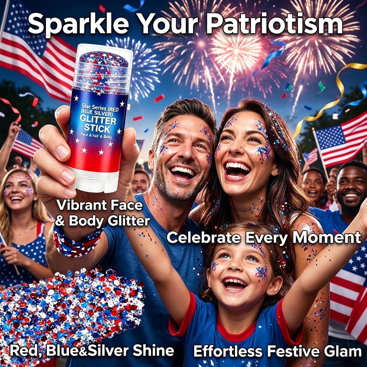 Patriotic Body Glitter Stick, Red White and Blue Hair Glitter Stick