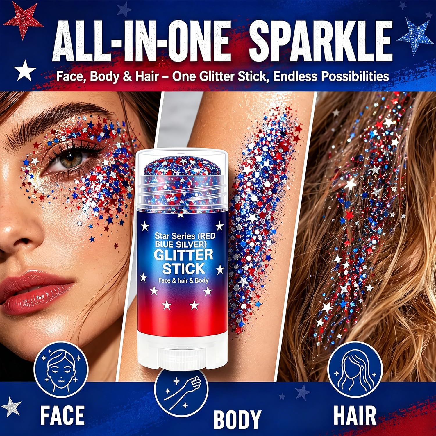 Patriotic Body Glitter Stick, Red White and Blue Hair Glitter Stick