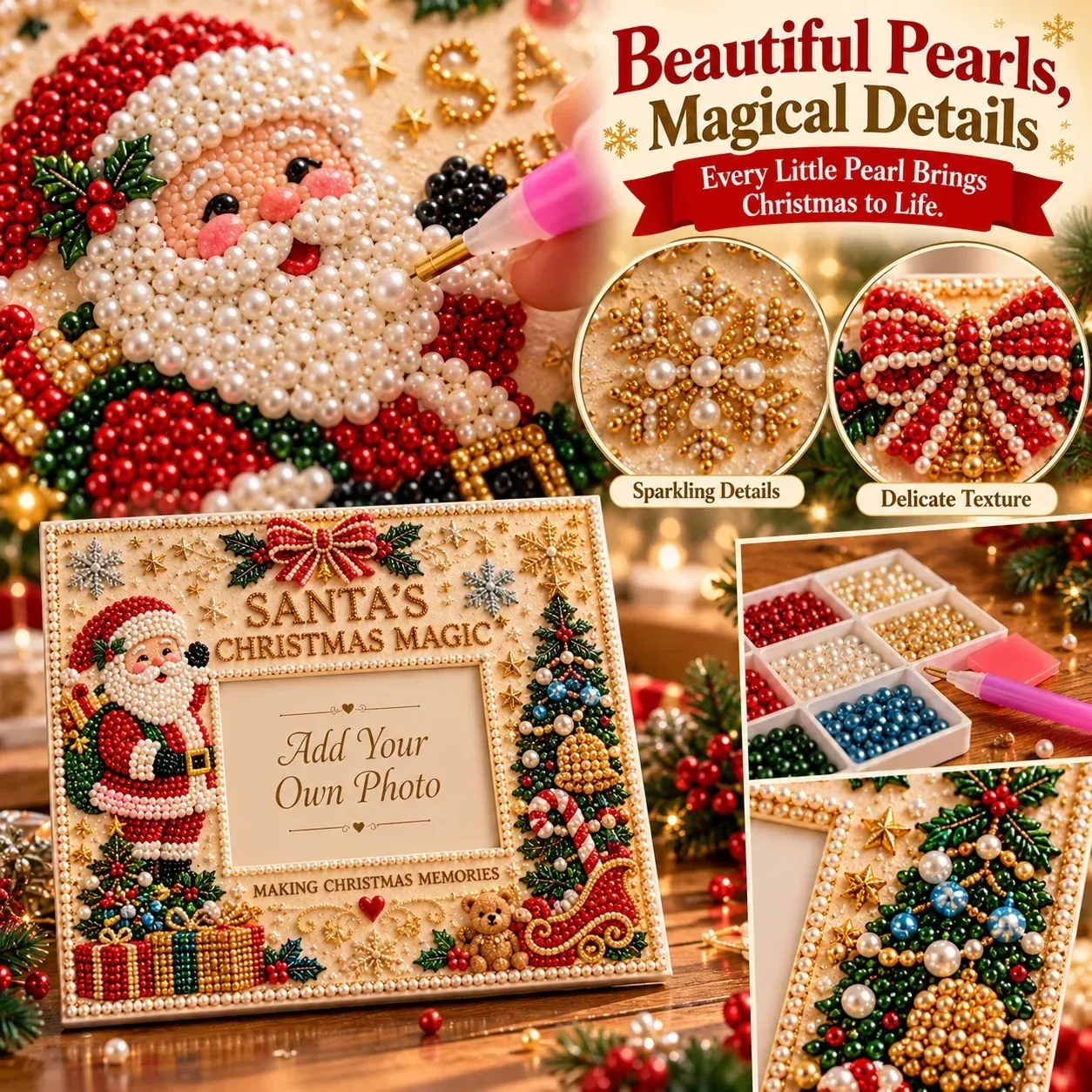 Close-up of pearl beads and Christmas frame details