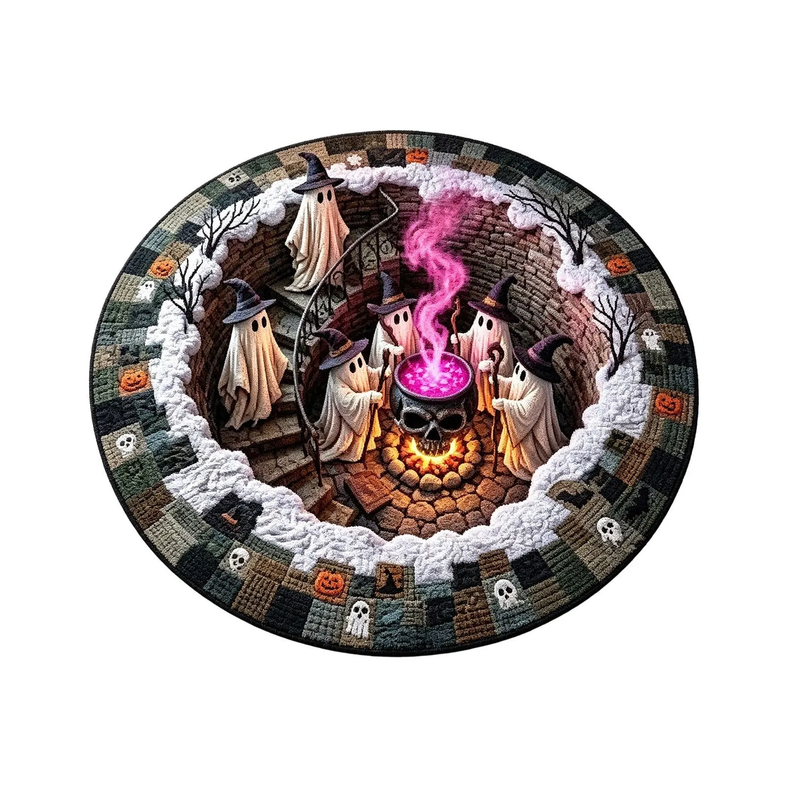 3D Haunted Stairway Round Halloween Rug details