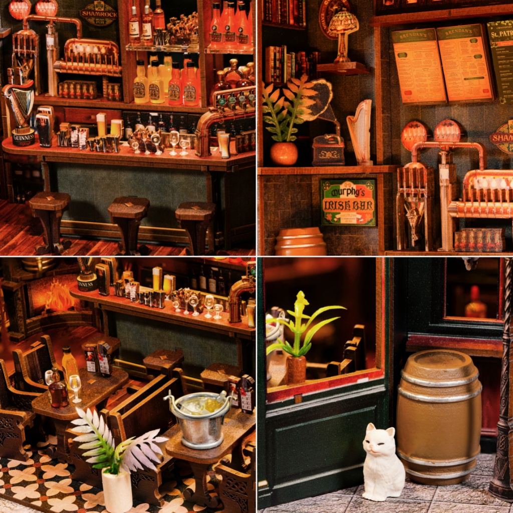 Miniature Irish pub details with warm lighting