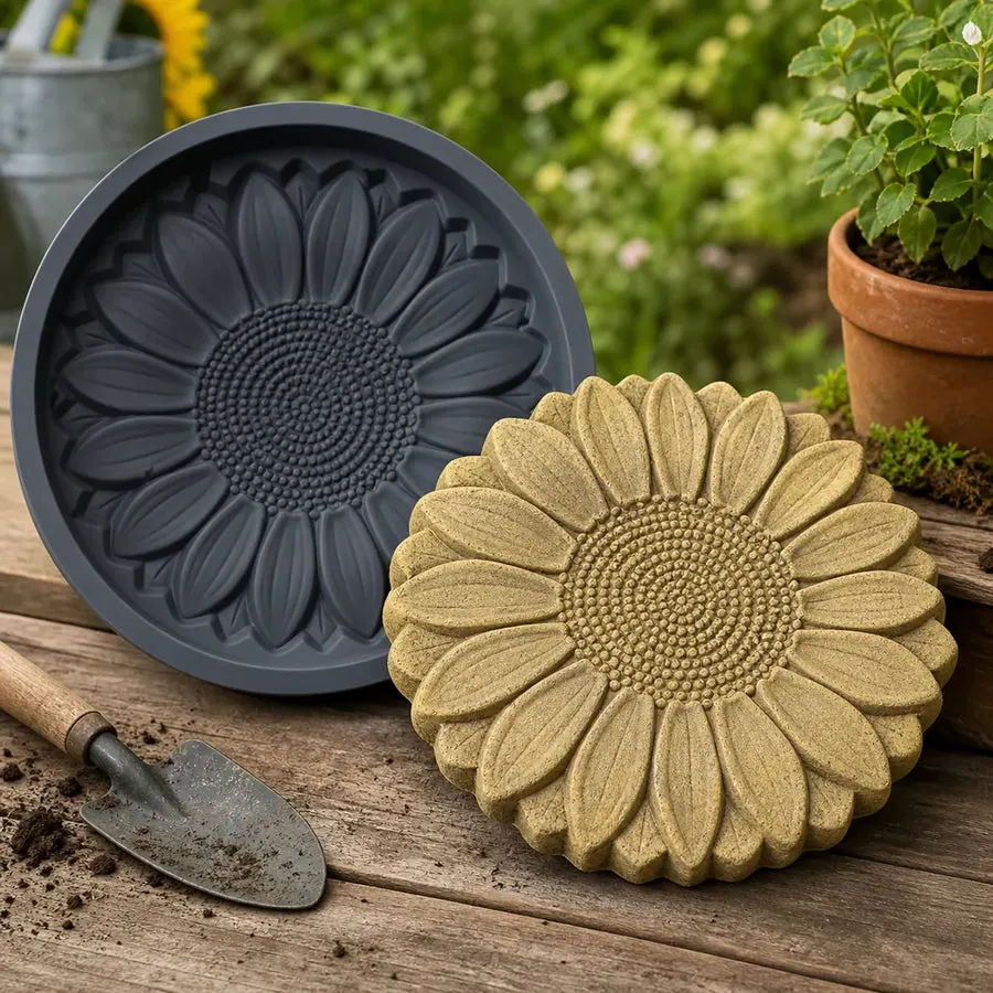 Sunflower Garden Stepping Stone Silicone Mold in use