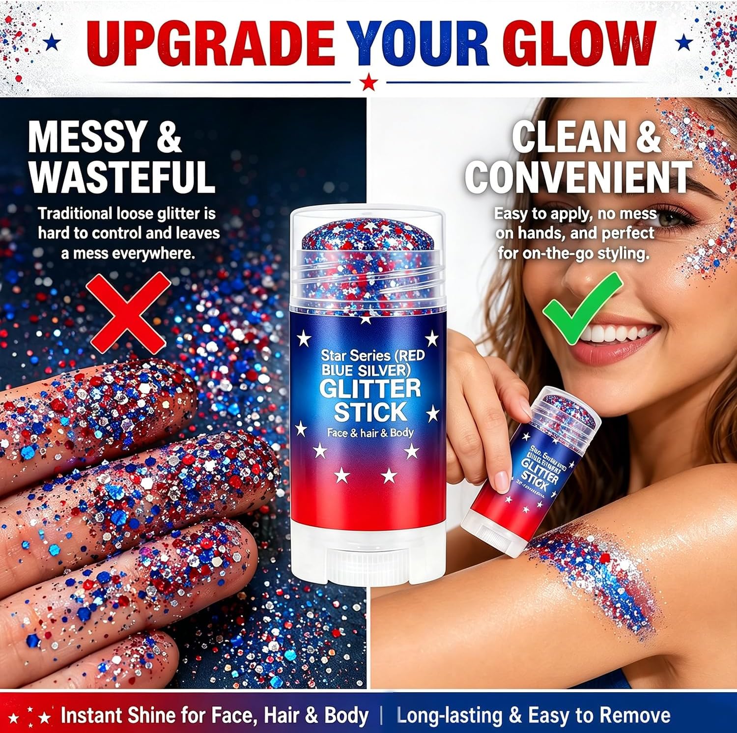 Patriotic Body Glitter Stick, Red White and Blue Hair Glitter Stick