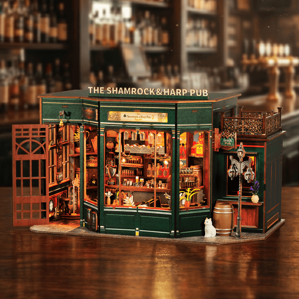 Warm Irish pub miniature scene with detailed exterior